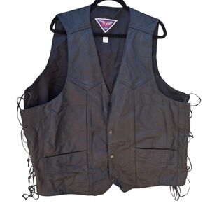 MOB Leather Side Lace Black Motorcycle Vest Men Size 4XL